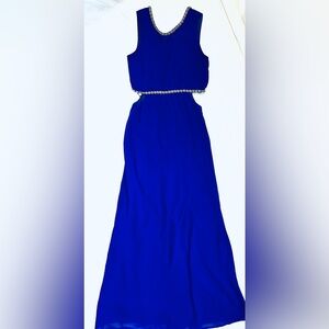 FOREVER 21 Royal Blue Maxi Dress Embellished Cutout Waist Formal Gown Size Small